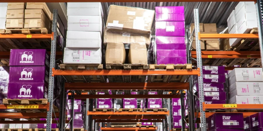 Warehouse with purple and brown wooden shelves