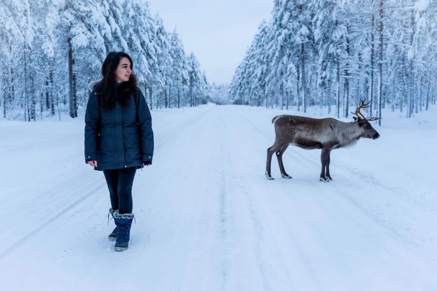 Mulher na neve em pé perto de um alce