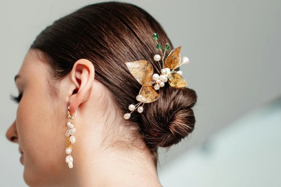 Woman with a bead decorative bow hair clip