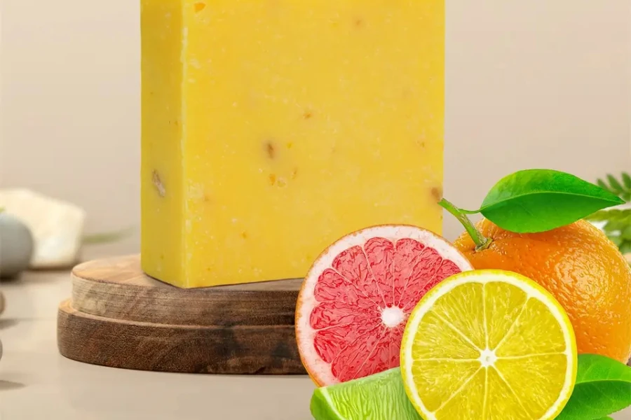 A citrus soap with various kinds of citrus fruits beside it