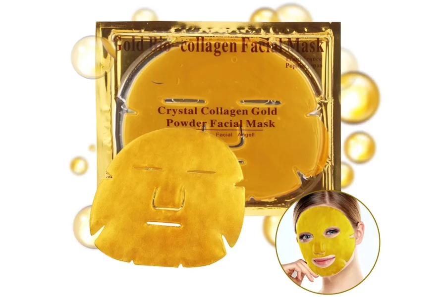 A gold vegan collagen facemask, and an image of a woman wearing it in the corner of the picture