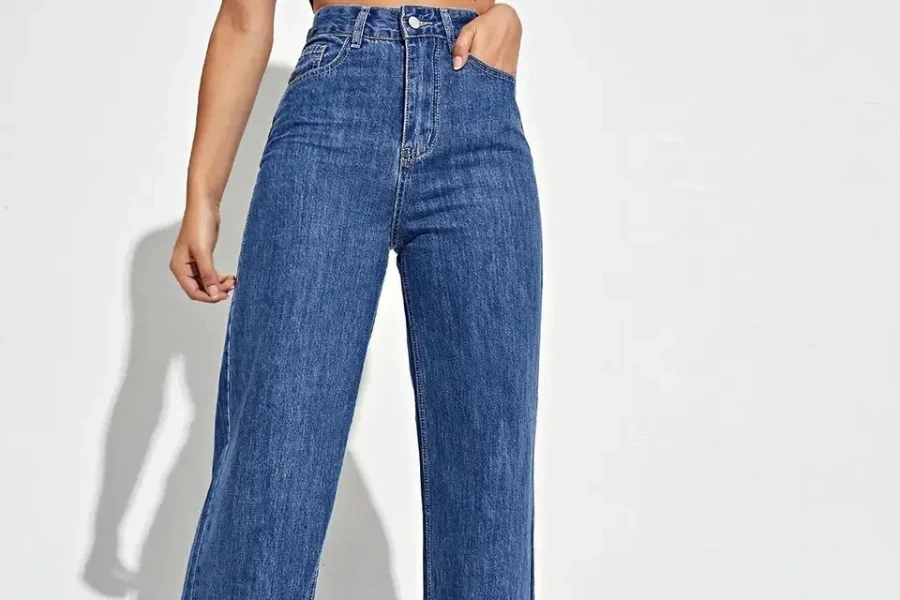 A pair of high-waisted straight-style denim jeans