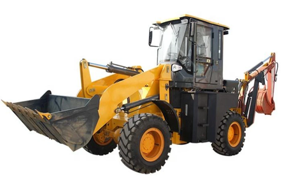 traktor bekas dengan pemuat depan dan lampiran backhoe belakang