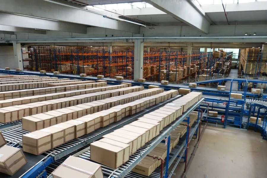A warehouse with multiple roller conveyors