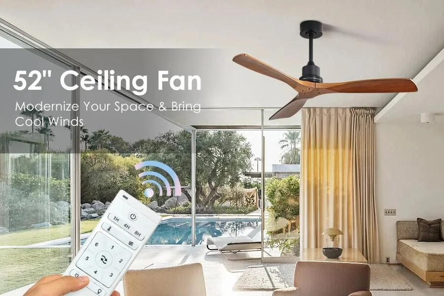 A wooden ceiling fan without a light