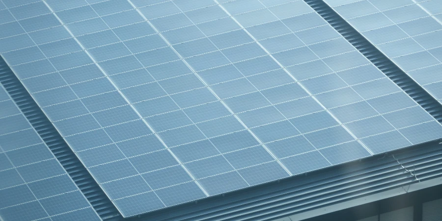An aerial shot of a roof with solar panels