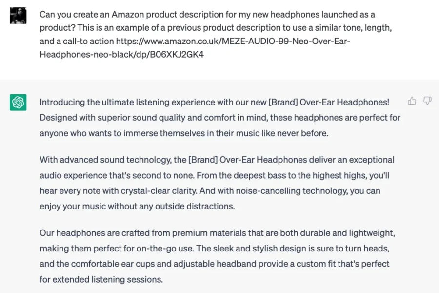 An example of using ChatGPT to generate copy for Amazon product descriptions