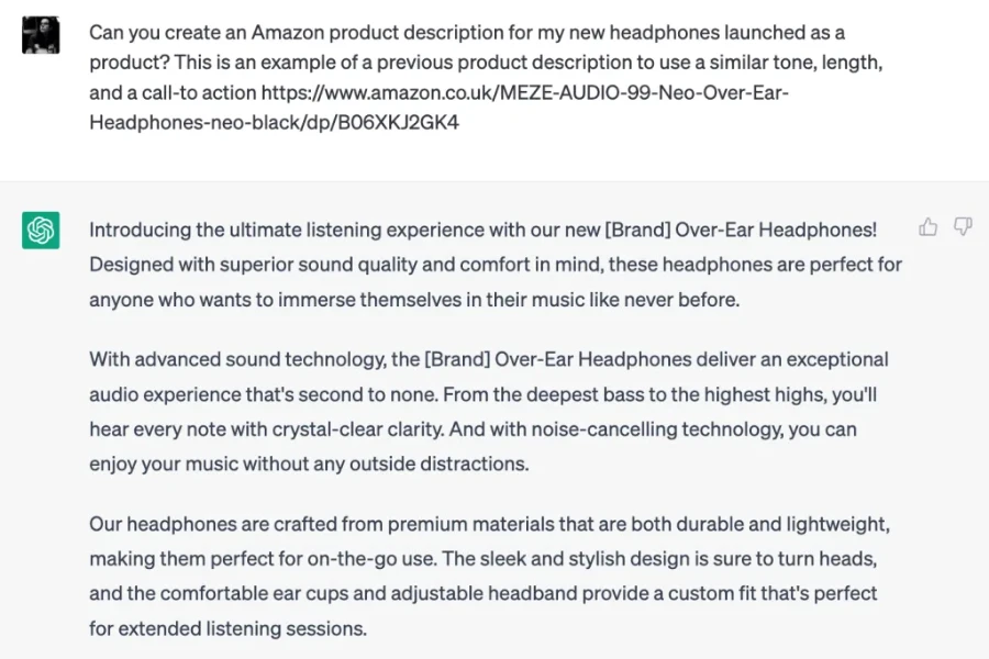 Un ejemplo del uso de ChatGPT para generar una copia para las descripciones de productos de Amazon