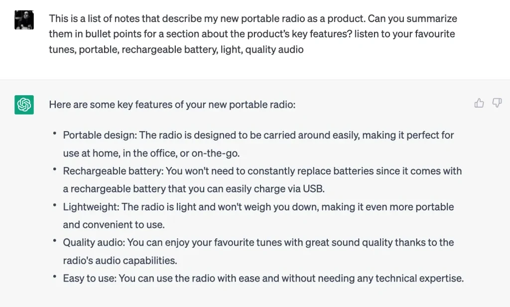 Um exemplo de uso do ChatGPT para destacar os principais recursos das descrições de produtos da Amazon