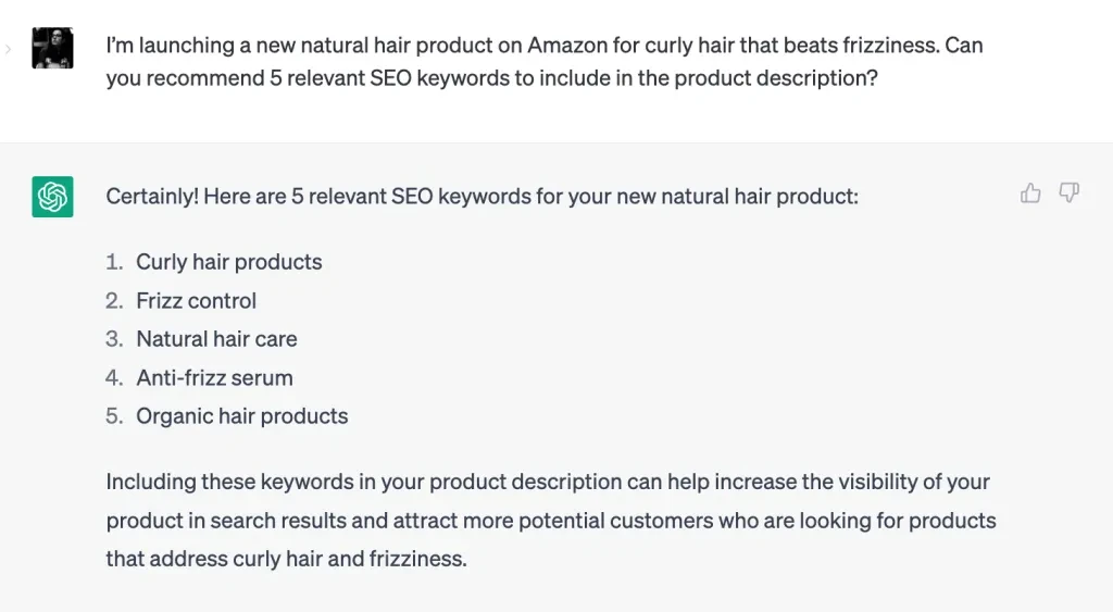 An example of using ChatGPT to highlight SEO keywords for Amazon product descriptions