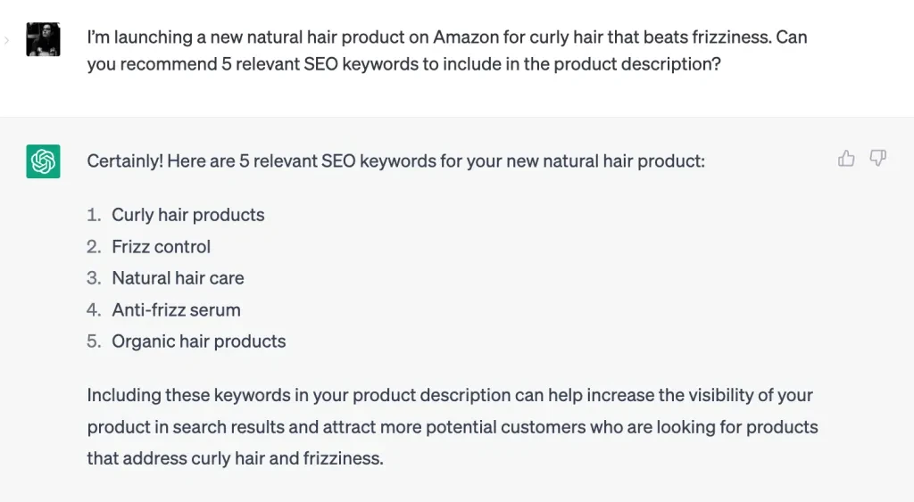 ChatGPT を使用して Amazon 製品説明の SEO キーワードを強調表示する例