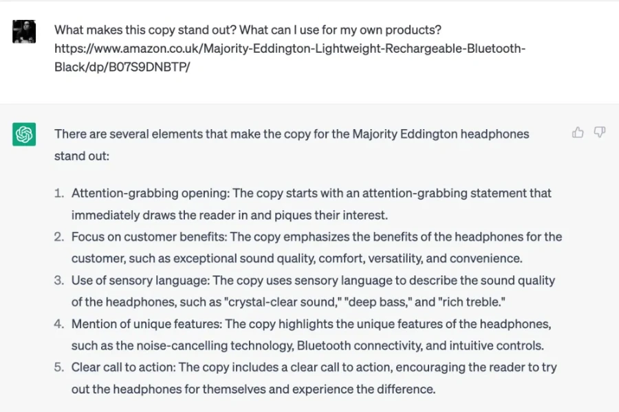 An example of using ChatGPT to review competitors’ copy for Amazon product descriptions