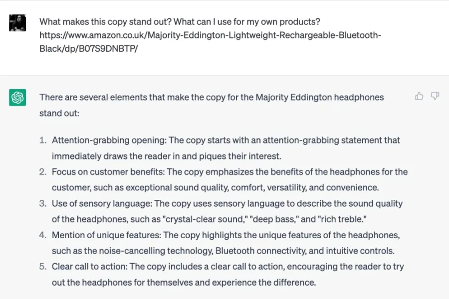 Un ejemplo del uso de ChatGPT para revisar la copia de la competencia para las descripciones de productos de Amazon