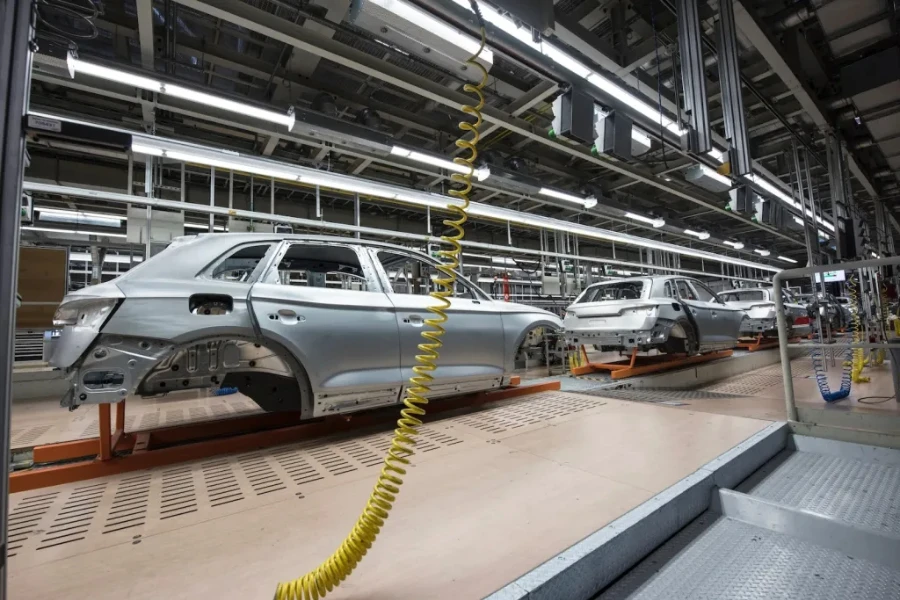 Automobile frames inside an auto factory