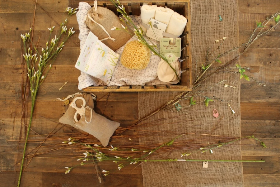 Bathroom beauty essentials in a wooden crate