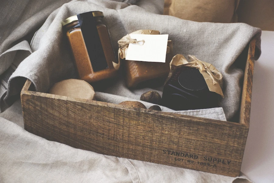 Brown wooden wellness box with goodies