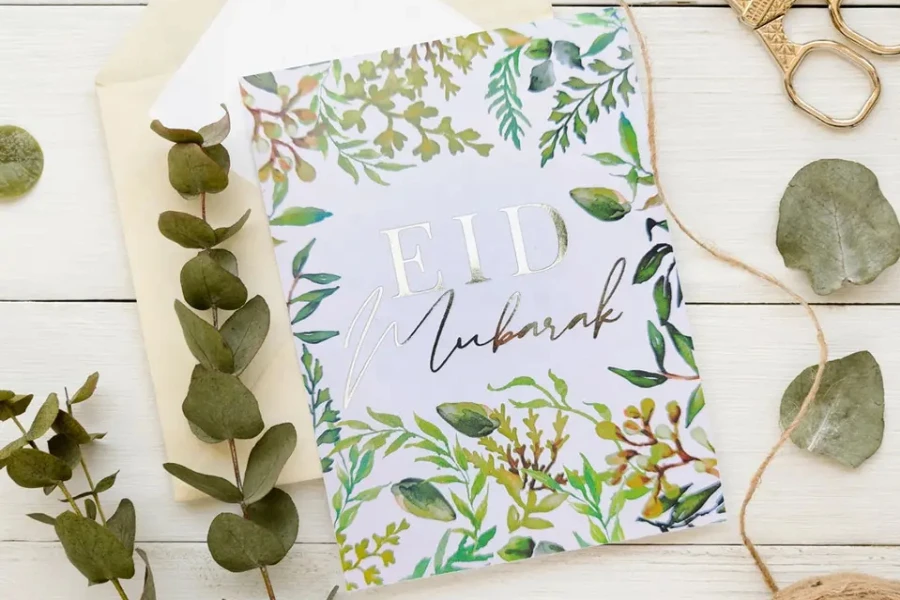 Eid Mubarak greeting card with floral patterns