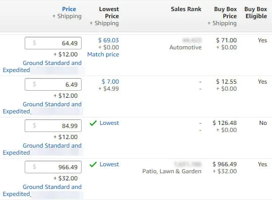 list of products on Amazon showing price, sales rank, buy box price and eligibility