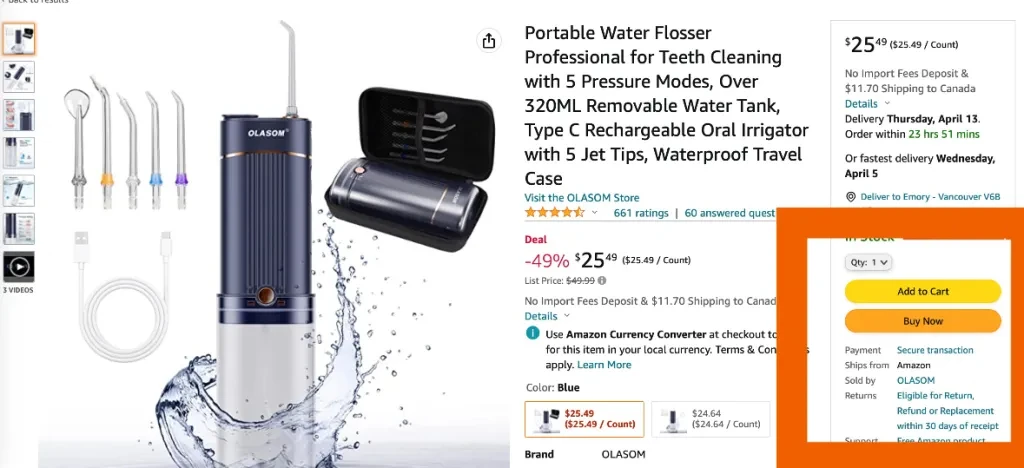 Página do produto na Amazon para Portable Water Flosser com a caixa de compra destacada