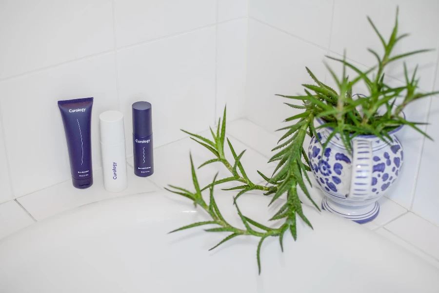 Skincare products and a crawling plant in a vessel