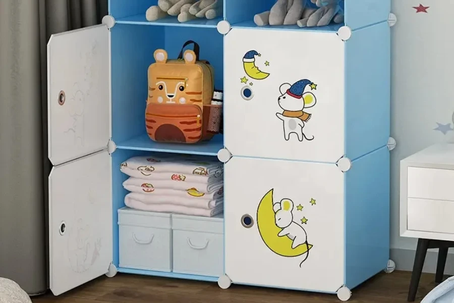 Small plastic wardrobe with cubes for storage and stickers