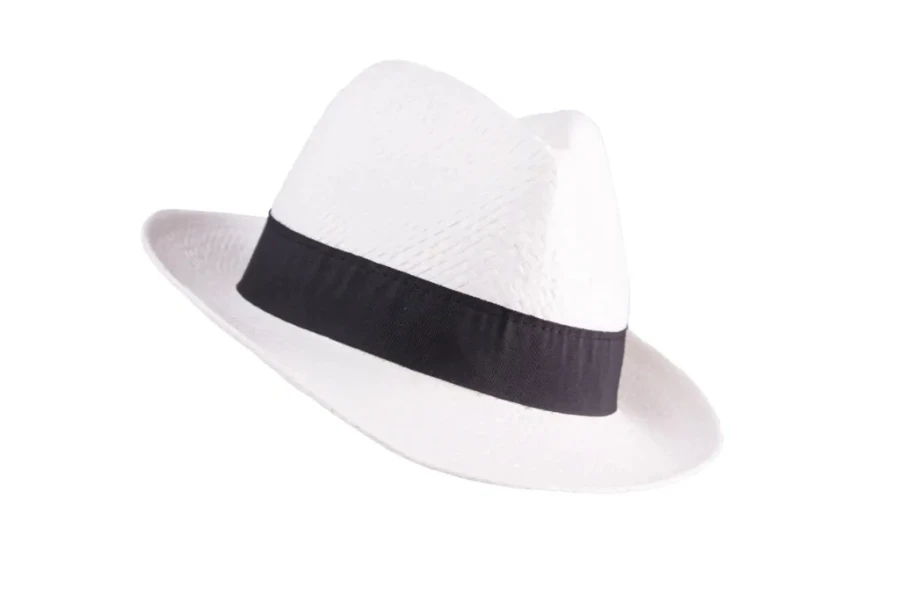 White fedora straw hat with a black ribbon