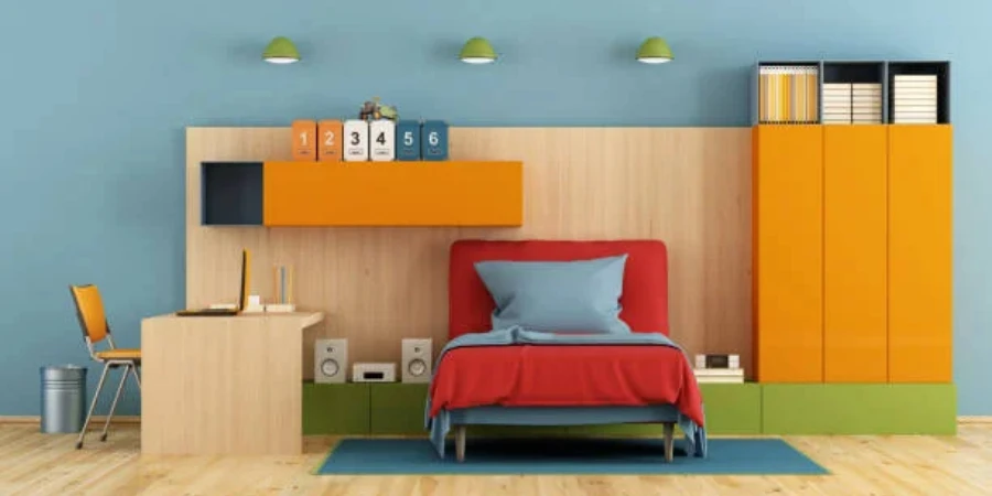 Young boys room with bed and orange cabinets