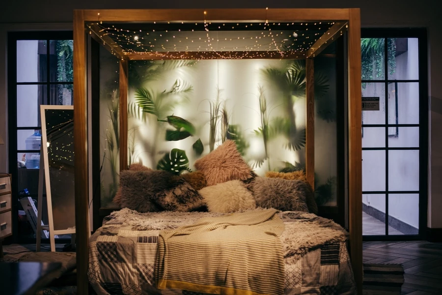 A bed featuring items made of earth-colored materials