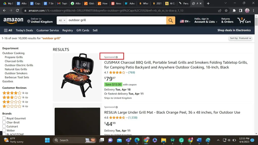 A search page of outdoor grills on Amazon shops showing sponsored ads