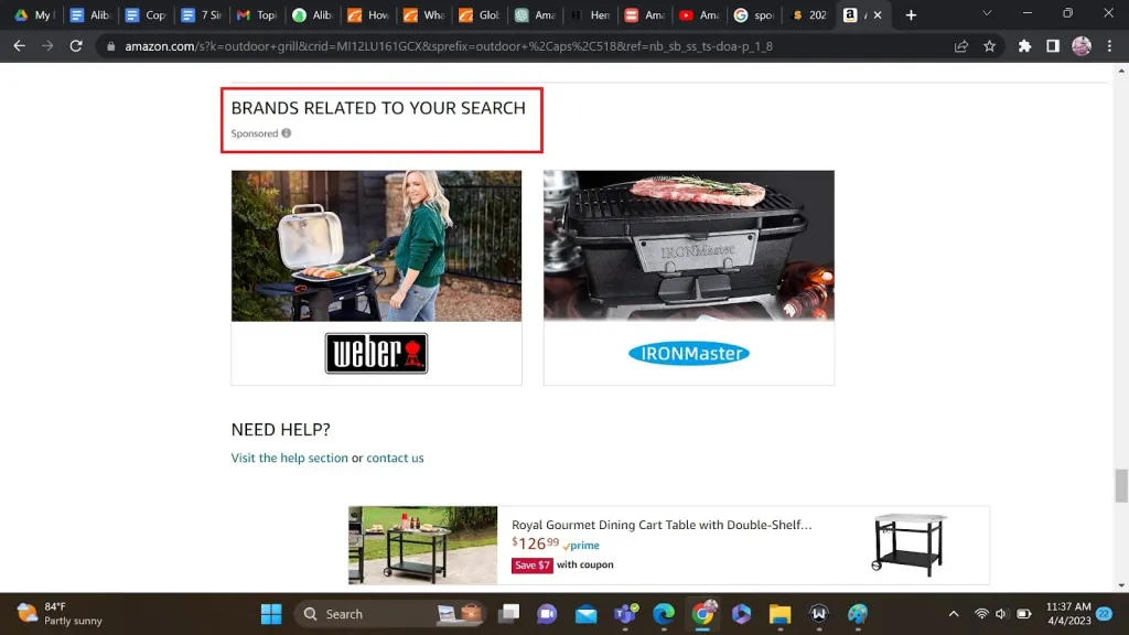 A search page of outdoor grills on Amazon shops showing sponsored brands