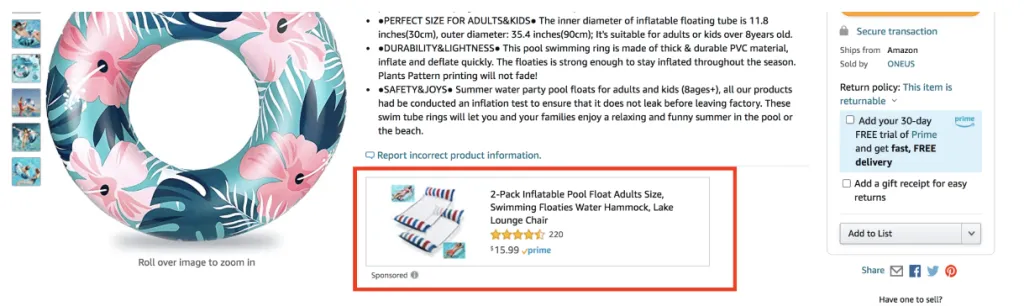 A search page of the inflatable floating tube on Amazon shops showing sponsored display