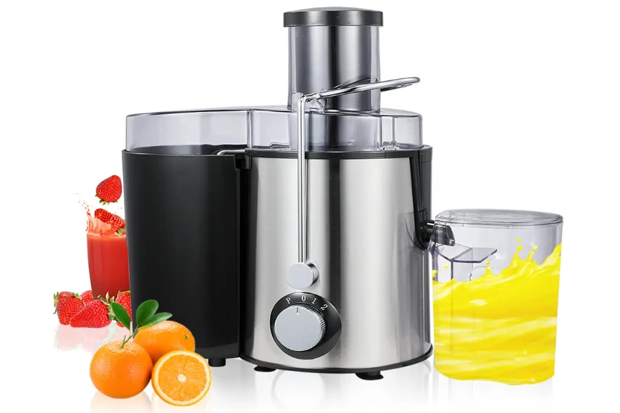 An electric fruit and vegetable centrifugal juicer with a pulp cup