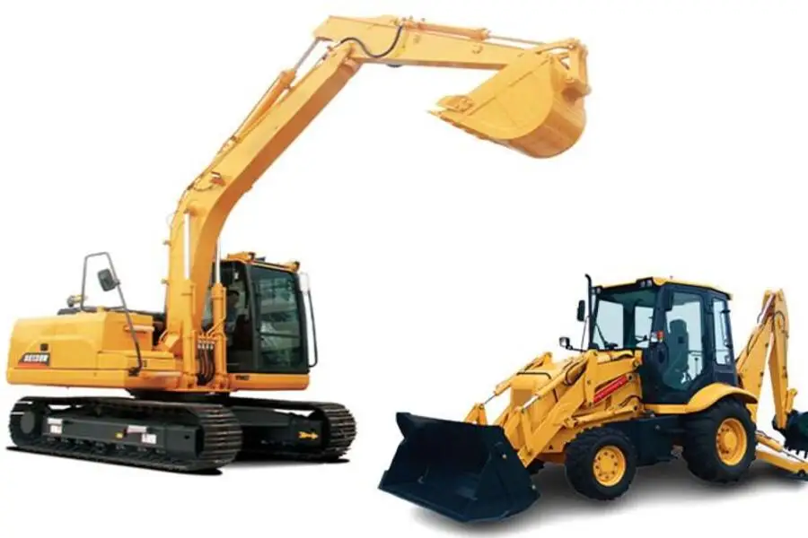 An excavator next to a backhoe loader