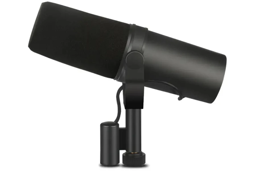 Black podcasting microphone on a stand