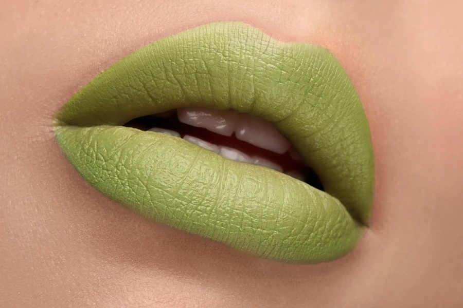 Close-up of mint green lip finish