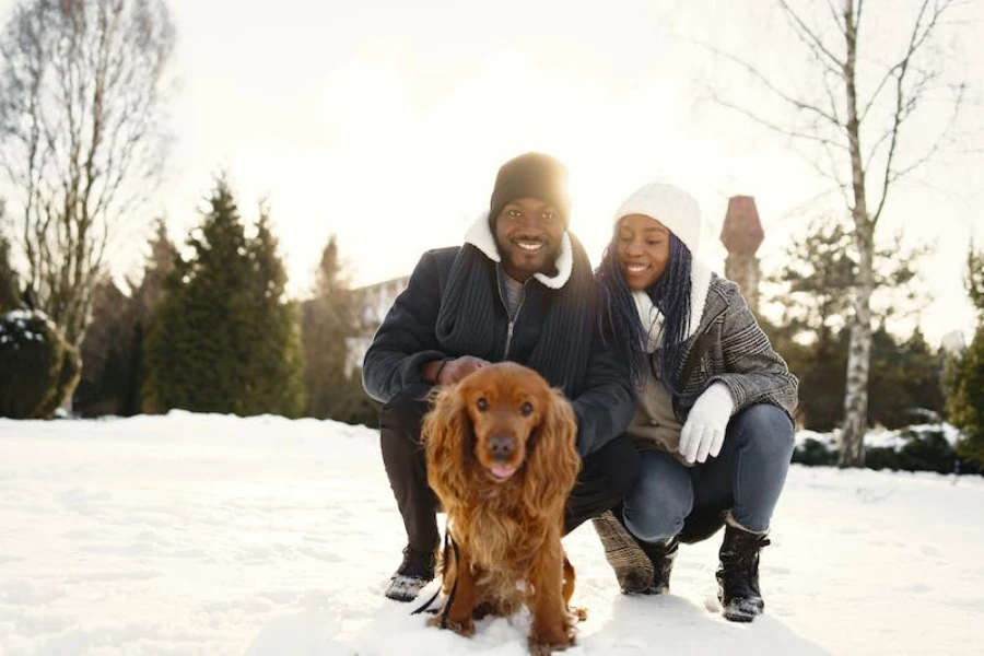 Paar mit ihrem Hund, der Wintermäntel und Mützen trägt