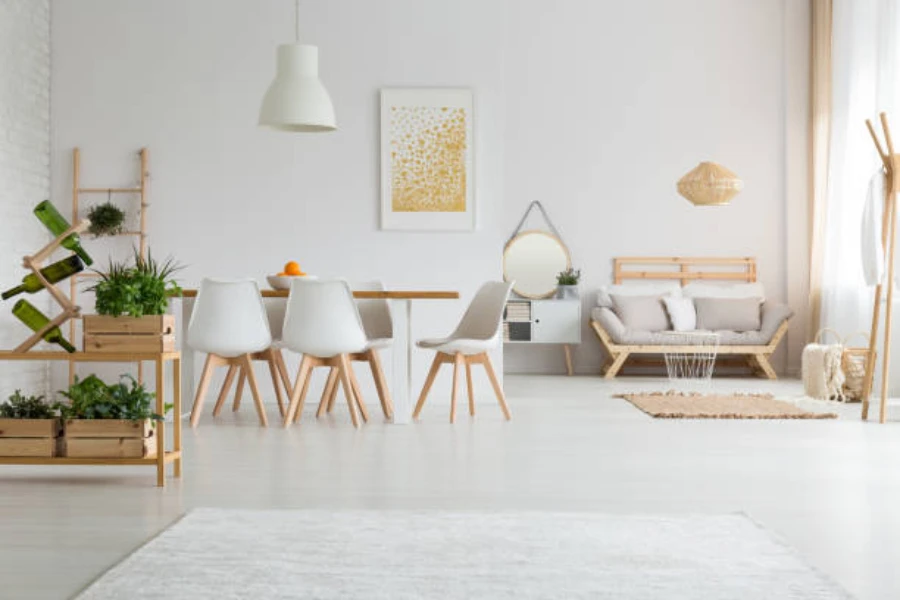 Living and dining room with large white pendant ceiling light