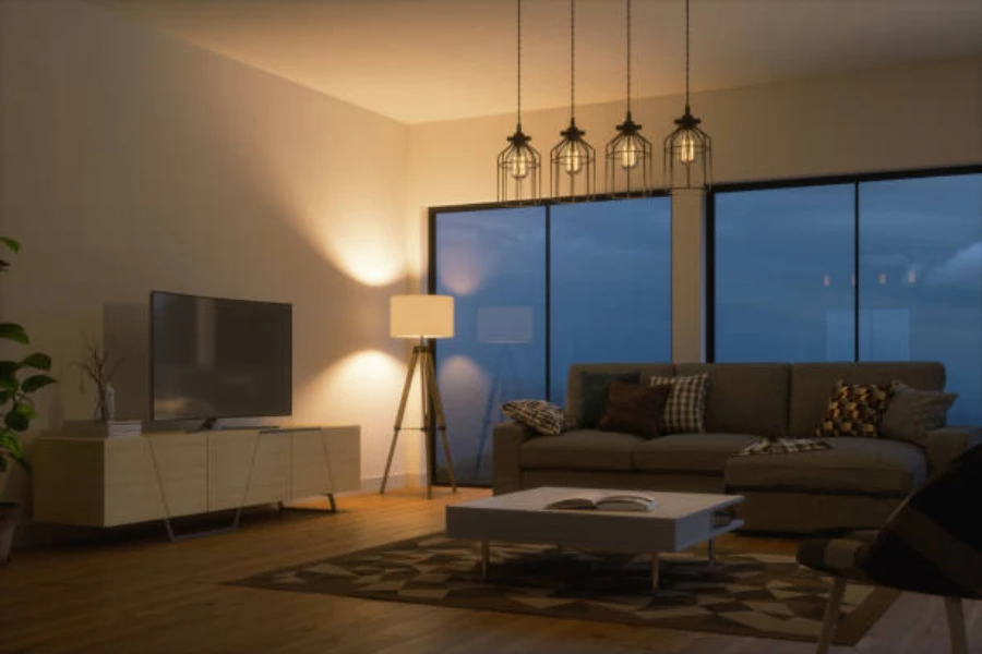 Living room in the evening with corner floor lamp