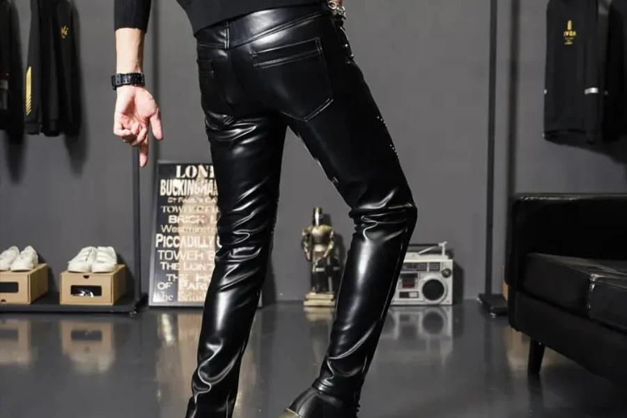 Man rocking black leather pants