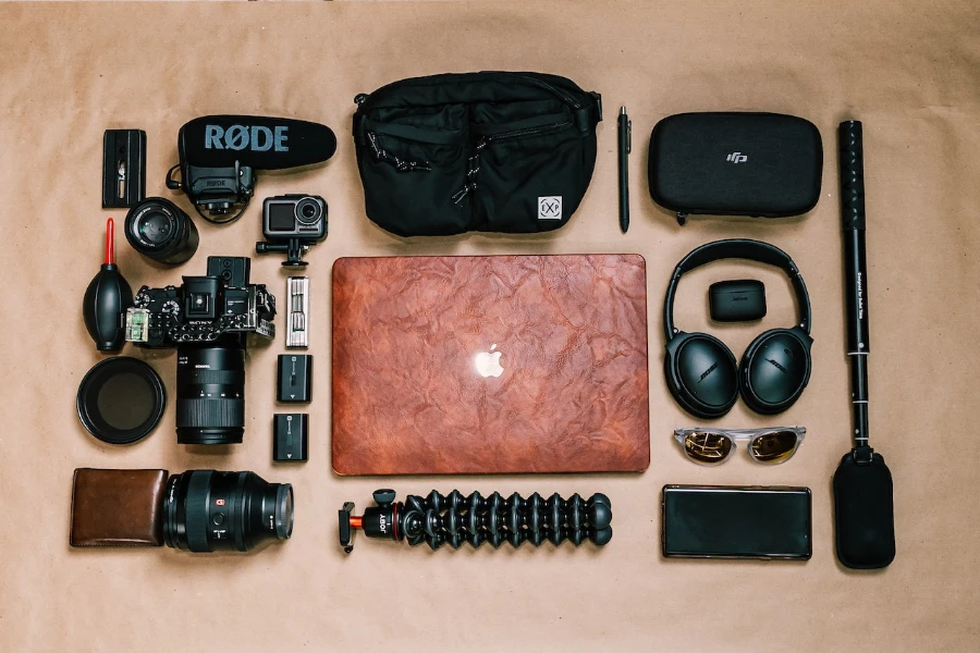 Podcast recording equipment laid out on a table