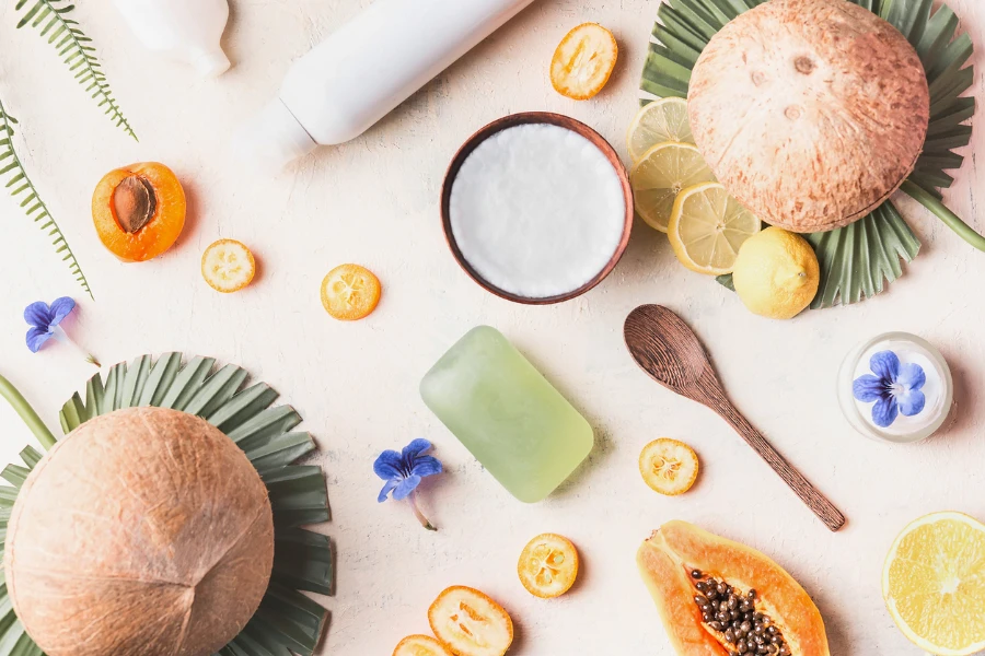 Vegan-based cosmetic ingredients on a table