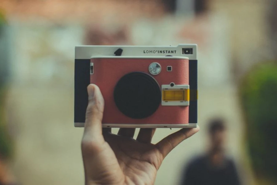 A person holding a pink instant camera