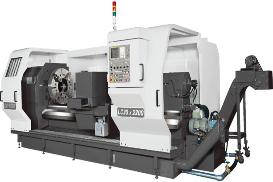 A white CNC lathe machine