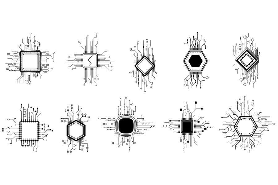 Collection of CPU doodles on a white background