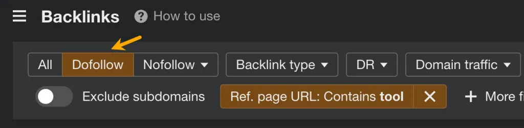 Filtro "Dofollow" en el informe Backlinks de Ahrefs