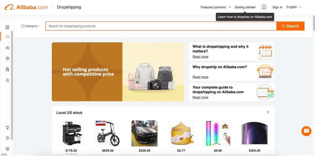 Homepage of Alibaba’s dropshipping website