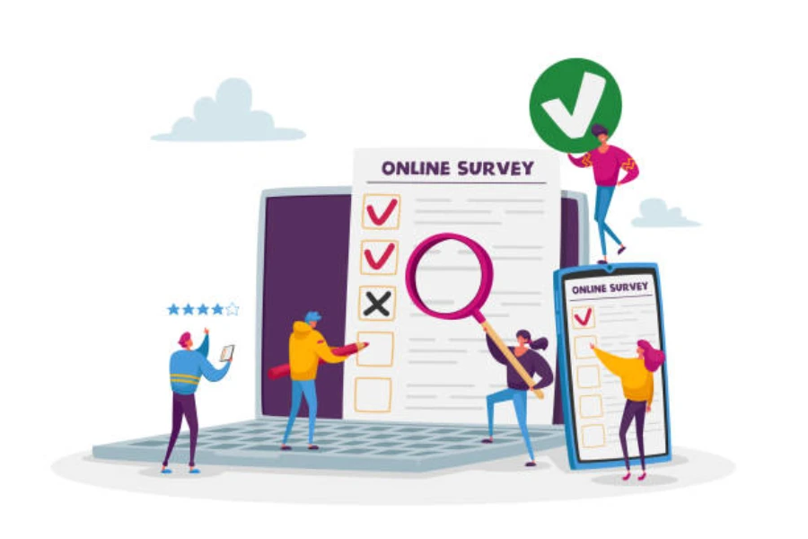 Online survey concept: Characters filling digital survey form