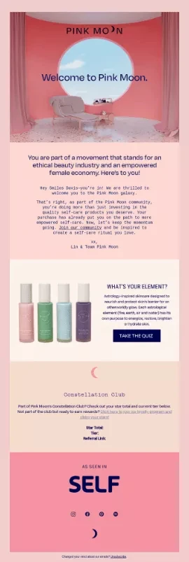 personalized email from Pink Moon with the recipient’s name