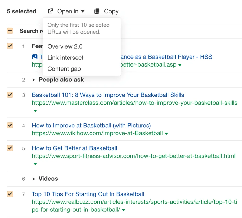 SERP overview for "how to get better at basketball," via Ahrefs' Keywords Explorer