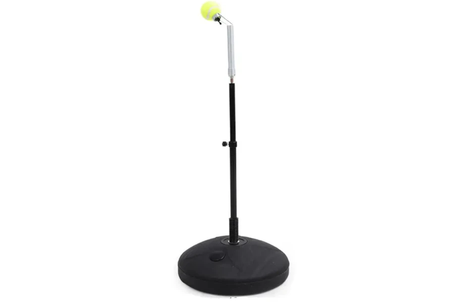 Tennis ball attached to long metal stick with weighted base